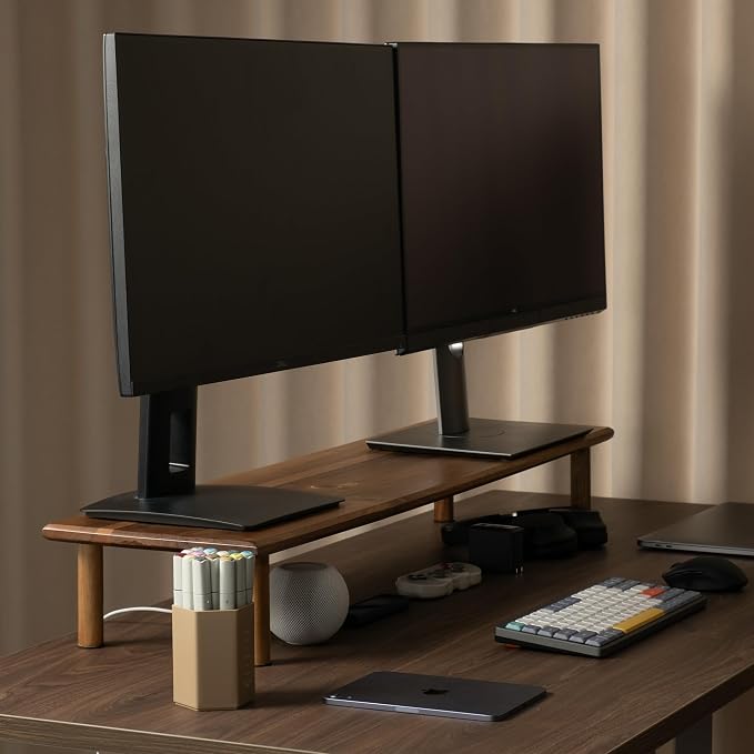 Dual Monitor Stand Riser, Acacia Wood Desktop Shelf with Storage | 39.37-Inch Wide, Under-Shelf Storage for Keyboard, Mouse and Laptop, Fits Two 24-Inch Monitors in Home Office - Image 2