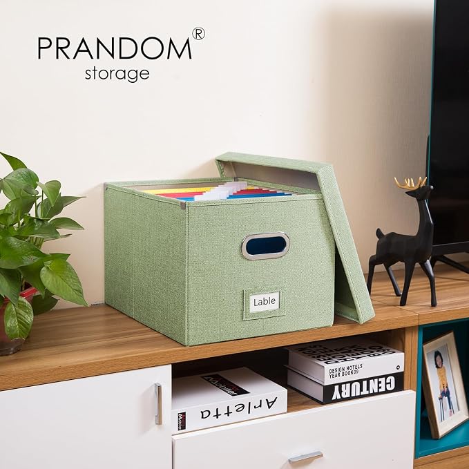 File Organizer Box - Set of 1 Collapsible Decorative Linen Filing Storage Hanging File Folders with Lids Office Cabinet Letter/Legal Green (17x14x11.2 inch) - Image 2