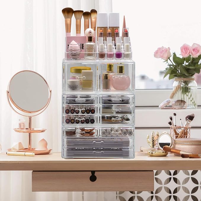 Sorbus Large Makeup Organizer - Clear Stackable Jewelry & Makeup Organizer For Vanity, Bathroom Storage, Dresser - 12 Drawers Cosmetic Beauty Organizers and Storage with Lipstick, Makeup Brush Holder - Image 6
