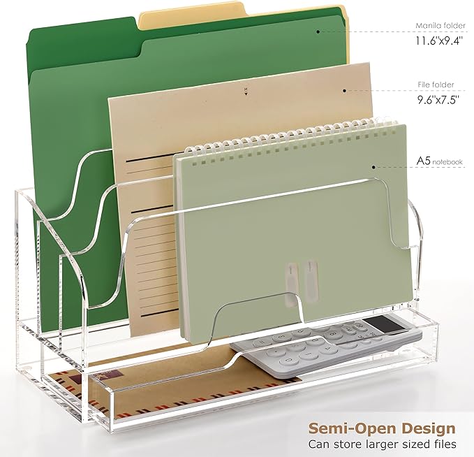 SANRUI Clear Desk Organizer Holder with Drawers, Acrylic File Mail Sorter | 3 Compartments, Desktop Manila Folders Box, Office Desk Accessories & Workspace Envelope Bill Letter Organization Racks - Image 3