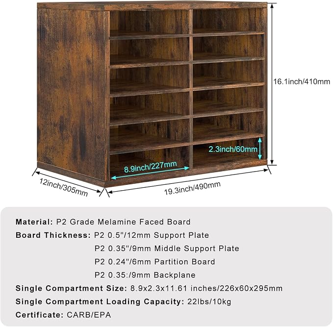 Countertop Mail Sorter Organizer, Wooden Literature Organizer, Student Mailbox for Classroom, Desktop Bill Organizer for Office Home School, 12 Compartments, Antique Brown - Image 2
