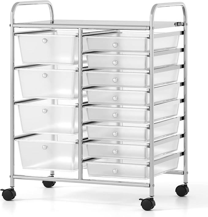 COSTWAY 12 Drawer Rolling Storage Cart, Utility Cart with Metal Frame | Mobile Art Supply Craft Organizer, Multipurpose Storage Organizer for Paper, Office, School Teacher, Classroom, Transparent by COSTWAY