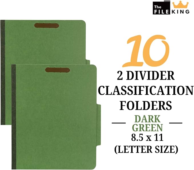 The File King Two Divider Pressboard Classification Dark Green File Folder - Letter Size | Box of 10 | 2/5 ROC Top Tab | 2” Expansion | Six 2-Inch Fastener Prongs | Made in America - Image 2