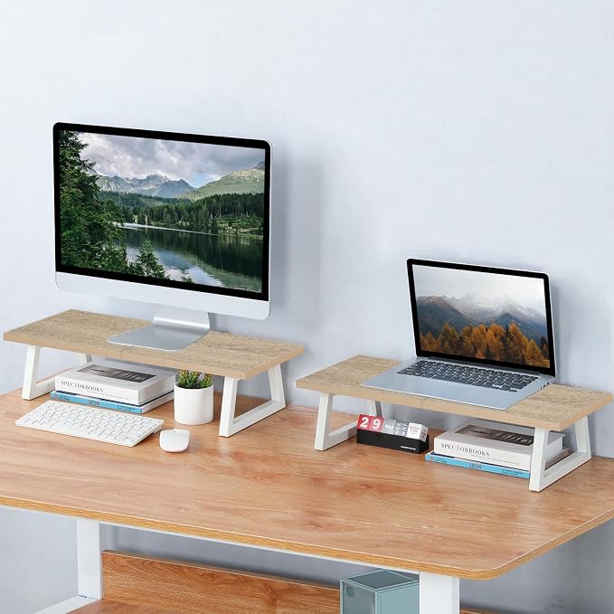 TEAMIX 24 inch Monitor Riser for Desk, Wood & Steel Computer/TV Stand Maple | Laptop, PC, Printer Stand Riser, Holds 150lbs, Desktop Organizer, Keyboard Storage, for Office, Home, Gaming, Craft Space - Image 2
