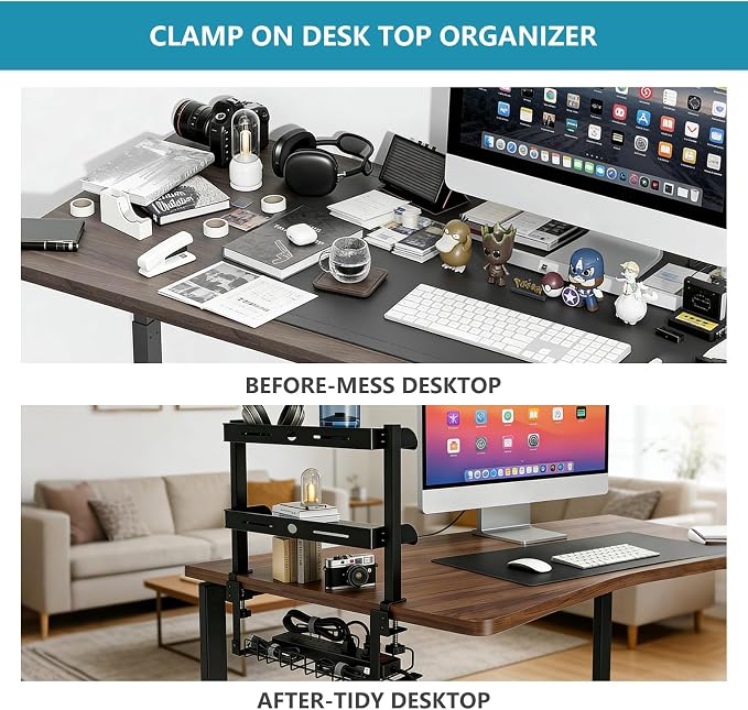 Clamp on Desk Shelf,3 Tier Desktop Organizer,Adjustable Clamp on Desk Top Organizer with Under Desk Hidden Storage Basket&Hooks,No Drilling Desk Clamp Storage Shelves for Working Gaming Accessories - Image 7