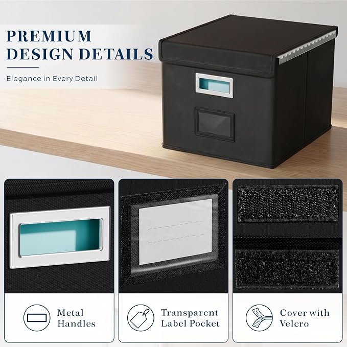 File Organizer Box with Lids, Collapsible File Folder Organizer | File Box with Plastic Slides for Office Document Storage, Filing Bin for Letter Size Hanging File Folders (1 Pack, Black) - Image 6