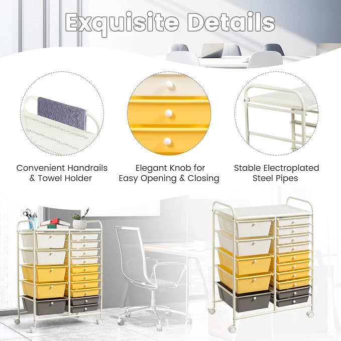 COSTWAY 15 Drawer Rolling Storage Cart, Mobile Storage Organizer | Removable Drawers & Metal Frame, Multipurpose Utility Tools Paper Organizer on Wheels for Home, Office (Yellow, Beige & Grey) - Image 5
