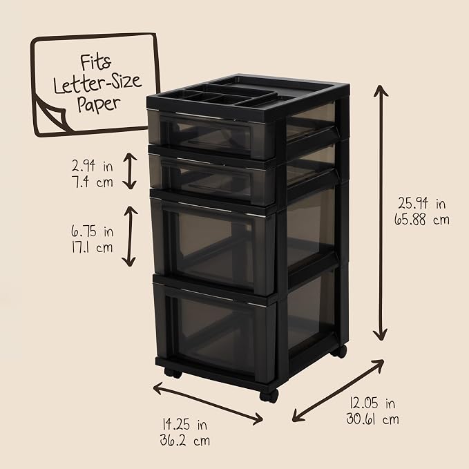 IRIS USA 4-Drawer Rolling Storage Cart with Wheels, Black/Gray - Image 3