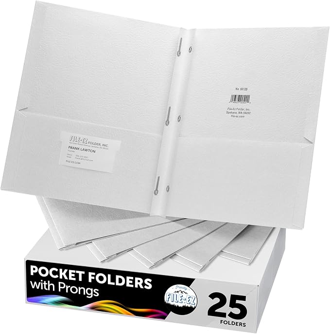 FILE-EZ Two-Pocket Folders with 3-Prong Fasteners, White Color, 25-Pack, Durable Textured Paper, Matte Finish, Letter Sheet Size (EZ-92510) by FILE-EZ