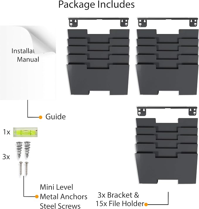 Wallniture Lisbon 15-Tier Wall Mounted File Holder and Desk Organizer, Metal Gray Office Organization and Storage Rack - Image 6