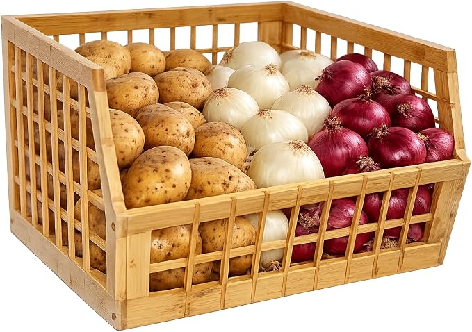 Bamboo Stackable, Open Front, Medium Storage Bins -Lattice Design, 2 Pack - Image 3