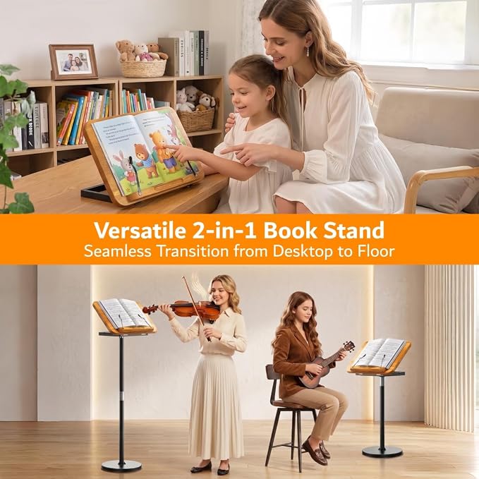 2-in-1 Floor & Desktop Book Stand with Large 16.5"x11.8" Solid Wood Panel | Height Adjustable 16.5"-51" Ergonomic Book Holder with Page Clips for Textbooks, Music Sheets, Recipes, Laptops (Rubberwood) - Image 2