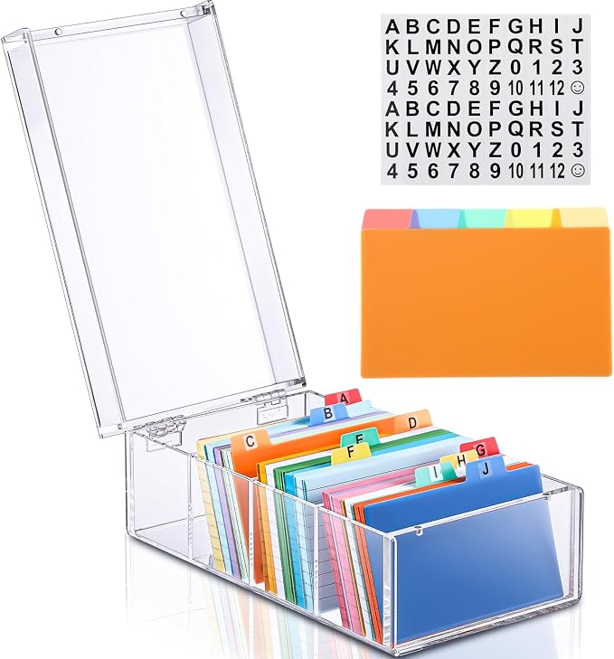 Mooliwe Index Card Holder Clear Acrylic Card Organizer 50 Pcs Divider Sheets for Desk File Note Holders, 4 Compartments Holds 600 Cards(3 x 5 Inch) by Mooliwe