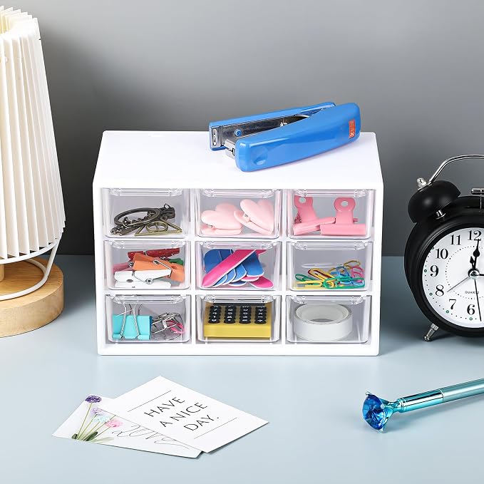 Rtteri 9 Pieces Mini Drawer Organizer Plastic Desktop Storage Box Desk Craft Organizer with 9 Clear Drawers for Office Home Jewelry Small Parts Belongings Cosmetics Collection, Wall Mounted (White) - Image 2
