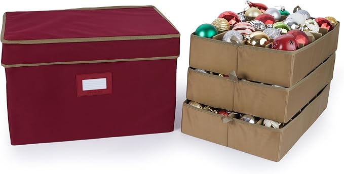 Covermates Keepsakes Adjustable Ornament Storage Box – Heavy-Duty Polyester, Padded Dividers & FlexGrid Trays – Protective Holiday Organizer with Stackable Walls & Label Window, Red by Covermates