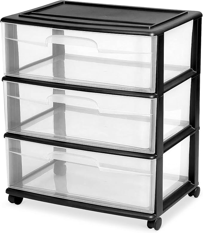 HOMZ Drawer Tower, 3-Tier Storage Cart with Removable Wheels, White Frame | Wide Plastic Organizer with Clear Bin Drawers for Bedroom, Bathroom, Home Office, and Dorm Rooms by Homz