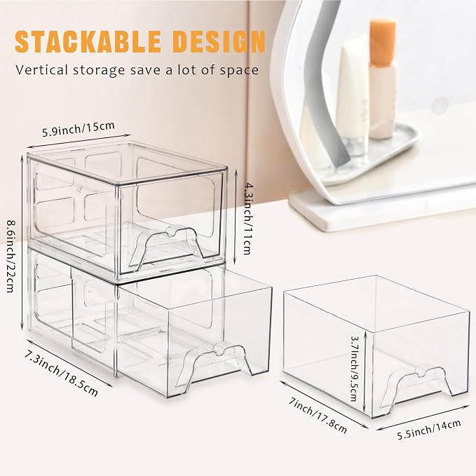 Stebopum 8 Pack Stackable Makeup Organizer, 4.4'' Tall Acrylic Bathroom Makeup Organizer and Storage Drawer with Pull-out Handle, Clear Plastic Storage Bins for Vanity,Pantry,Desk,Undersink,Kitchen - Image 2