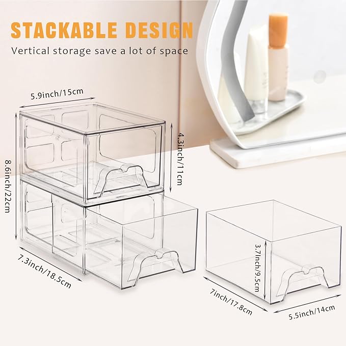 6 Pack Stackable Storage Drawers,Makeup Organizer with Pull-out Drawer | 4.4'' Tall, Acrylic Clear Plastic Storage Bins for Vanity,Pantry,Desk,Undersink,Kitchen,Bathroom - Image 2