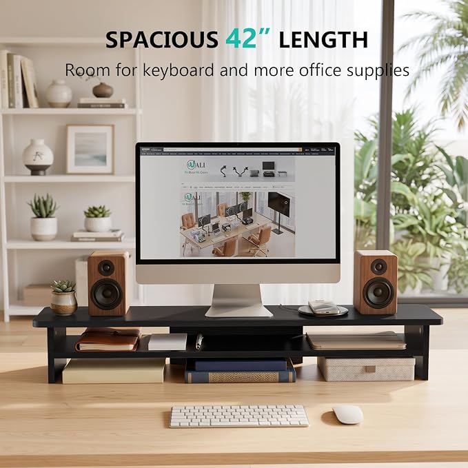 WALI 42 inch Large Wood Dual Monitor Stand Riser with Storage, up to 88lbs | Multi-Purpose Computer Stands, 2 Tier Desktop Organizer Desk Shelf for Home Office PC, Laptop, Printer, TV (WTT001), Black - Image 2