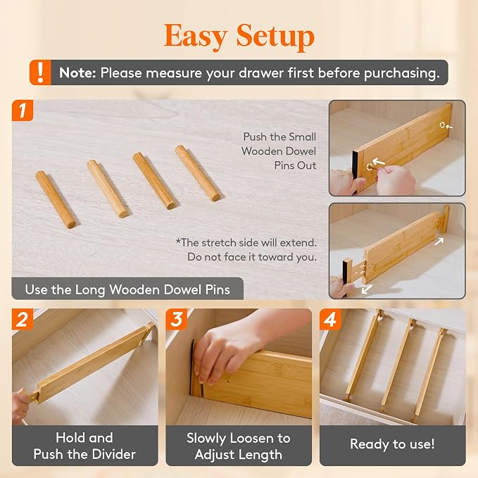 Lifewit 4" High 8 Pack Bamboo Drawer Dividers 43-54cm/17-21.5" Adjustable Wooden Drawer Organizer for Clothes/Utensils, Expandable Drawer Separator for Dresser/Kitchen/Bedroom/Office Organization - Image 6