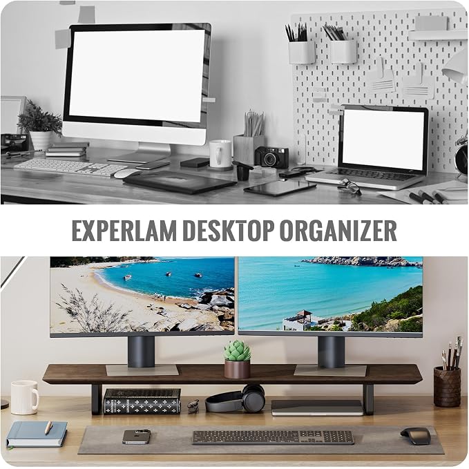 EXPERLAM Solid Wood Dual Monitor Stand Riser, 43 Inch Rubberwood Desk Shelf for Top of Desk, Wood Monitor Stand for Desk 2 Monitors up to 27", Desktop Organizer for Laptop, TV, Printer - Image 6