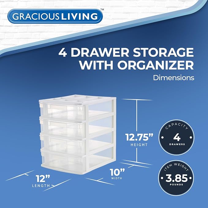 Gracious Living Drawer Organizer, 4-Tier Plastic Storage Desktop Drawers, White Frame - Stackable Clear Desk Containers & Organizers for Shelves, Bathroom, Closet, Kitchen Pantry & Office Organization - Image 3
