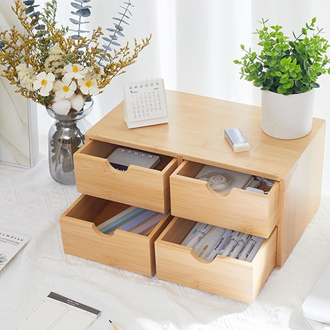 Bamboo Desk Organizer 4 Drawers, Countertop Organizer with Drawers Makeup Storage Drawer 4 Drawers Tabletop Storage Organization Box Home Office Workspace - Image 2