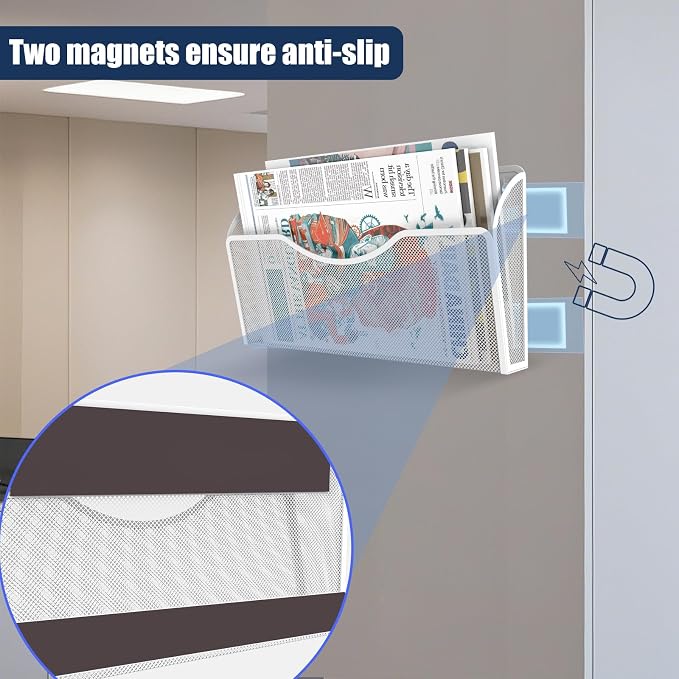 6PCS Magnetic File Holder - File Paper Mail Organizer, No Drilling Magazine Paper Document Holder, Hanging Magazine Rack for Refrigerator, White Metal Wire Mesh, 13.5 x 2 x 8.5 inches - Image 3