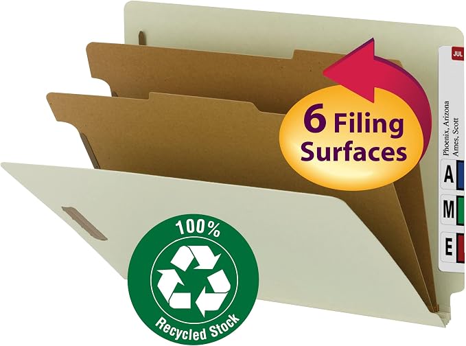 Smead 100% Recycled Pressboard End Tab Classification Folder, 2 Dividers, 2" Expansion, Letter Size, Gray/Green, 10 per Box (26802) (Pack of 5) - Image 3