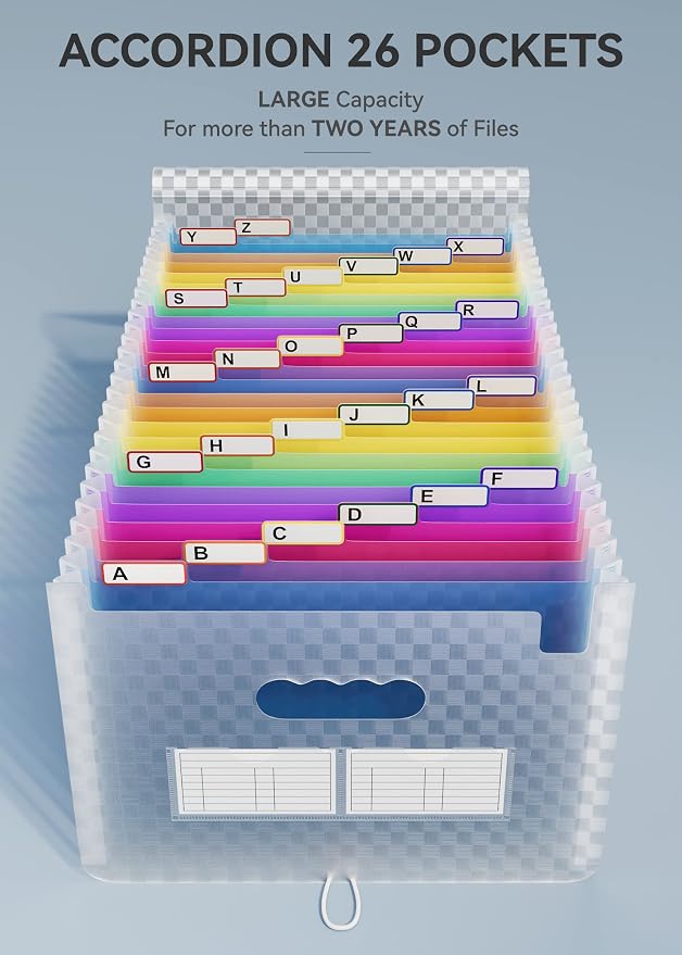 ABC life 26 Pockets Accordion File Organizer, Expanding File Folder, Blue | Portable Monthly Paper Bill Tax Receipt Organizer, Letter A4 Size Document Organizer with Labels, for School, Office, Home - Image 2