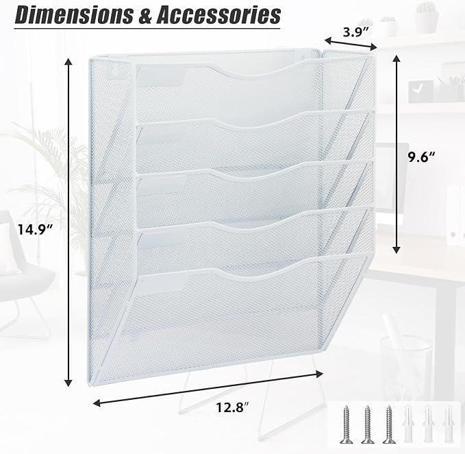 5 Pocket Mesh Hanging Wall File Organizer, Wall Mounted Mail Paper Document Folder Holder, Clipboard Storage Organization Magazine Rack with Nametag Label for Office Home School, White - Image 2