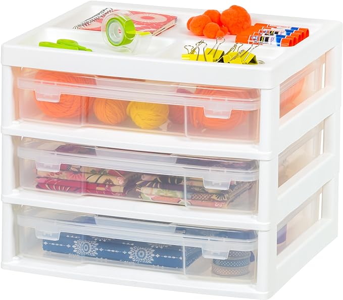 IRIS USA Desk Organizer |Made in USA| 3-Tier Cases - White/Clear | Fits 12"x12" Paper, Built-In Handles, Storage Unit with Supply Top for Craft, Art, Office Supplies, Pens & Pencils by IRISUSA