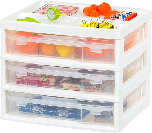 IRIS USA Desk Organizer |Made in USA| 3-Tier Cases - White/Clear | Fits 12"x12" Paper, Built-In Handles, Storage Unit with Supply Top for Craft, Art, Office Supplies, Pens & Pencils by IRISUSA