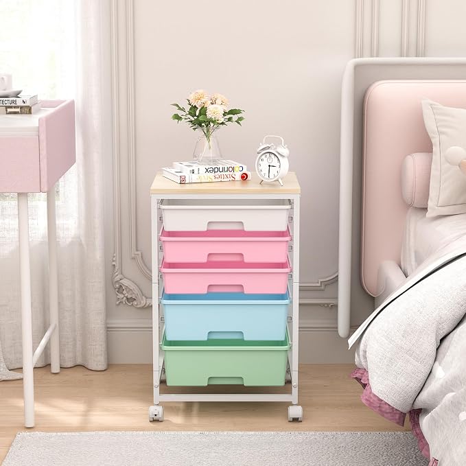 SYKIARIOL Utility Cart with 5 Drawers with Wooden Top, Rainbow | 5-Tiers Storage Cart with Drawers with Lockable Wheels for Craft Organizers and Storage,Home Office,Classroom,Dorm ,Playroom - Image 2