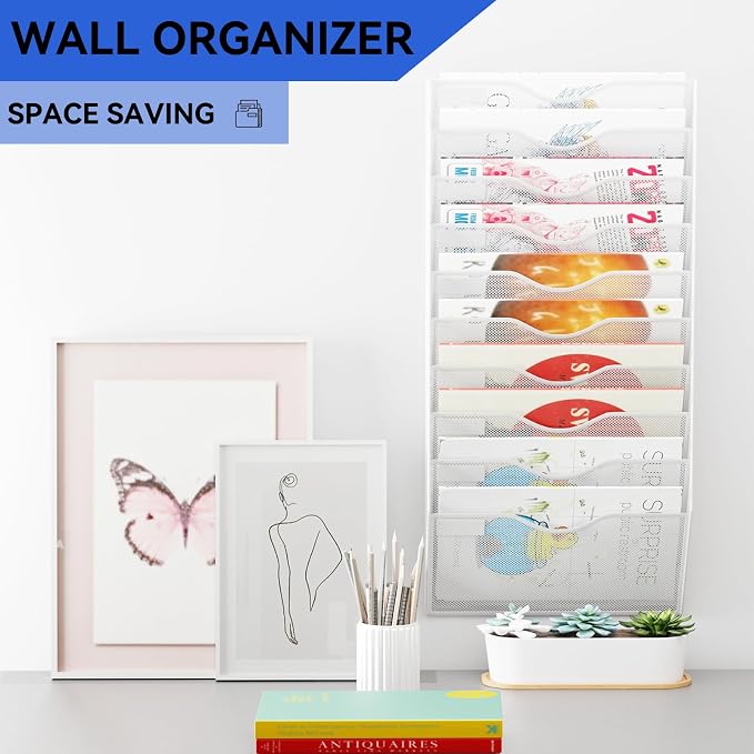 10 Pockets Hanging Wall File Organizer Mail Holder, Wall Mounted Paper Document Folder Holder, Clipboard Storage Organization Magazine Rack, White - Image 2