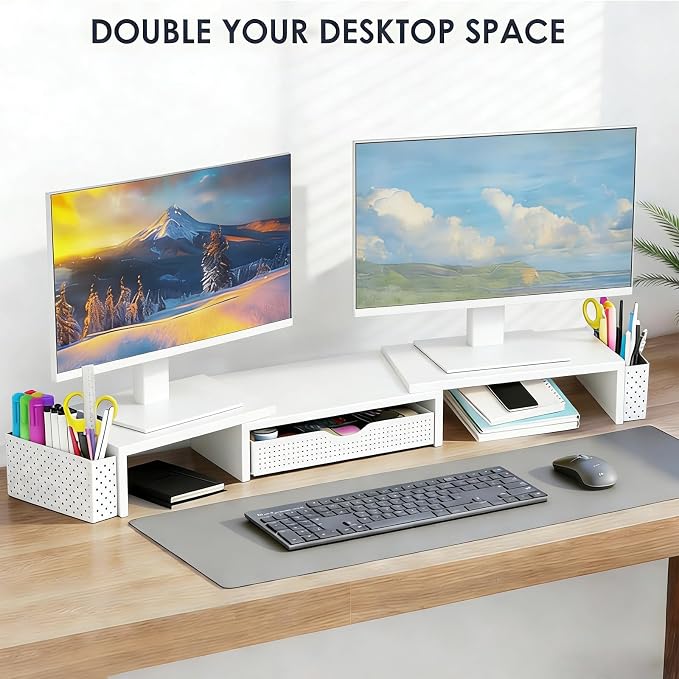 Spacrea Metal Desk Organizers and Accessories, Dual Monitor Stand Riser with Drawer and 2 Pen Holders, Desk Accessories & Workspace Desktop Organizers for Office Supplies (White) - Image 4