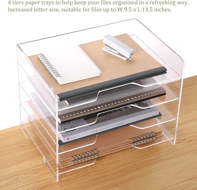 HeZone Acrylic Desk Organizer, 4 Tier Paper Tray, Clear Letter Tray, Office Accessories - Image 3