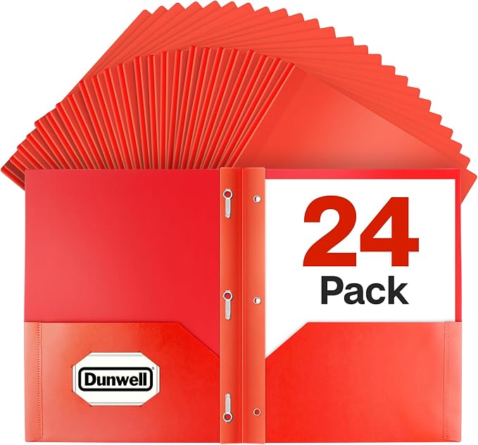 Dunwell Plastic 2-Pocket Folders with 3 Prongs, (24 Pack, Red), Durable Acid-Free Poly is Cleanable, Tear Resistant, 3-Clasp Document Holder, Labels Included by Dunwell