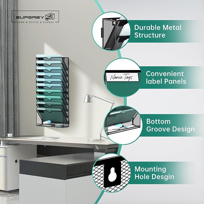 11-Tier Wall File Organizer, Wall Mounted Mail Sorter, 2 Pack | Metal Mesh Hanging File Organizer with Open Compartments and Label Panels for Papers and Folders at Home, Office or School - Image 4