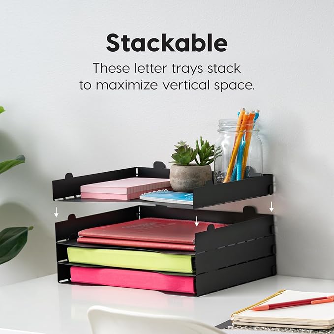 IRIS USA 4-Pack Stackable Metal Letter Tray Organizer, Black | Sort paperwork, documents, and office essentials with stackable trays designed for desks and workspaces - Image 5
