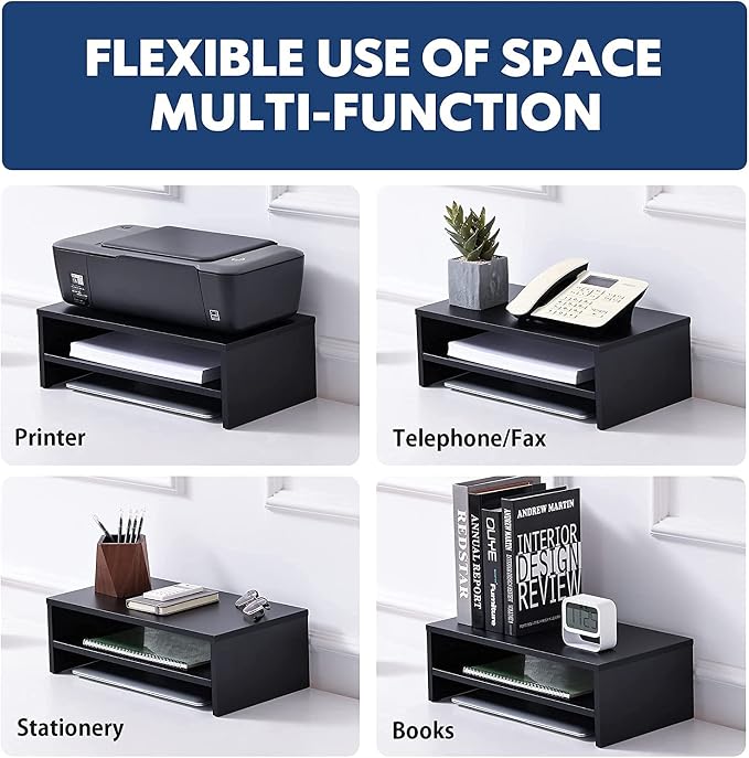 FITUEYES Wooden Monitor Stand Riser, 2-Tier Desk Storage Shelf, Black | 16.7-Inch Desktop Organizer Fits Laptop, Computer Screen and Office Supplies - Image 4