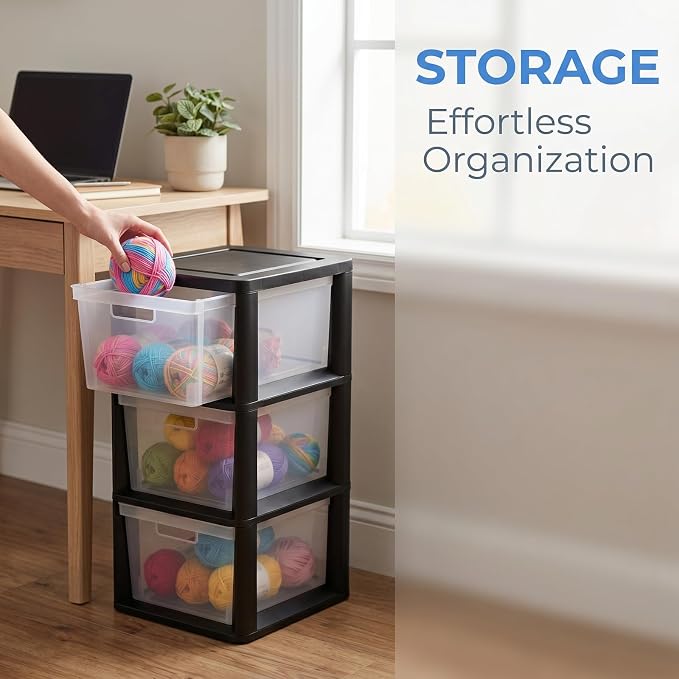 2 Pcs Plastic Drawer Wide Tower Plastic Storage Cart with Clear Pull Out Drawers, Black (Black, 3 Drawer Wide Tower) - Image 6