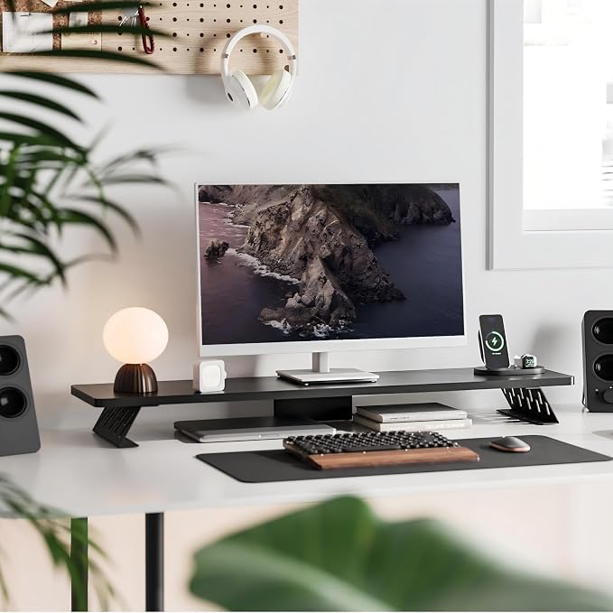 Fenge Monitor Stand Riser, Wooden & Metal Desk Shelf Organizer, Black | 42.5 Inch Dual Monitor Riser for 2 Monitors, Multifunctional Monitor Shelf for Laptop, PC, Printer - Image 2
