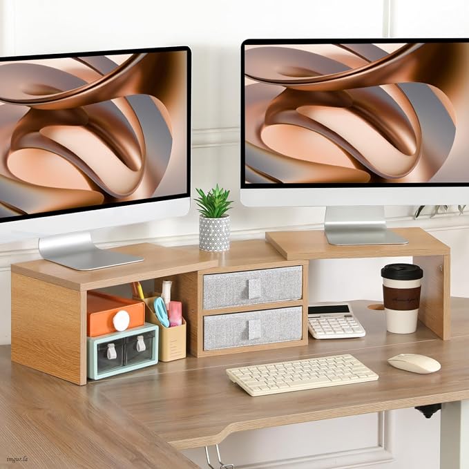 TEAMIX 42 inch Dual Monitor Stand Riser with 2 Drawers- Length and Angle Adjustable 3 Shelf Riser with Storage Desk Organizer Computer Monitor Stand for 2 Monitors/Laptop/PC,Screen/TV Stand Riser - Image 5