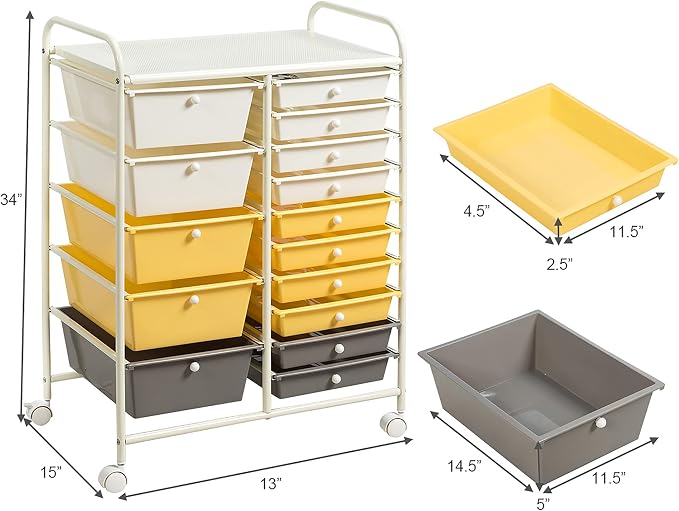 DORTALA 15-Drawer Rolling Storage Cart with Drawers, Rolling Utility Cart w/Removable Drawers & Universal Wheels, Tools Scrapbook Paper Organizer for School, Office, Home, Classroom (Yellow) - Image 3