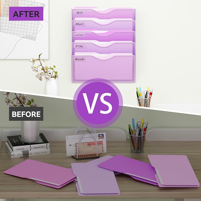 5 Pockets Hanging Wall File Organizer Mail Holder, Wall Mounted Paper Document Folder Holder, Clipboard Storage Organization Magazine Rack, Light Purple - Image 5