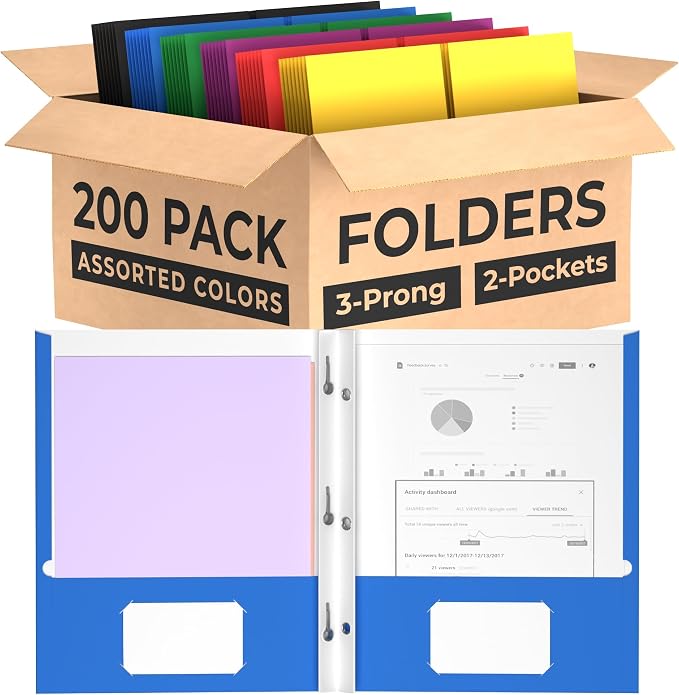 Folders with Pockets and Prongs (200 Pack) 2 Pocket Folders with 3 Prongs for School Paper Folders with Pockets by E-CLIPSUSA