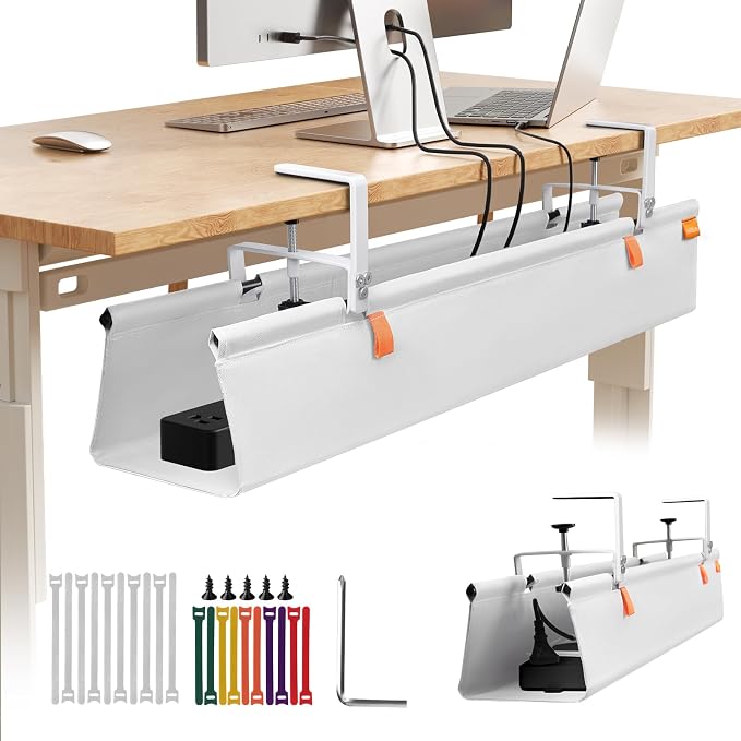 Under Desk Cable Management Tray No Drill,36Inch Cable Management,White | Clamp and Screw Mount Cable Management Tray, Extra Large Capacity Desk Cable Management, Fabric Wire Management for Office by SUREUP9