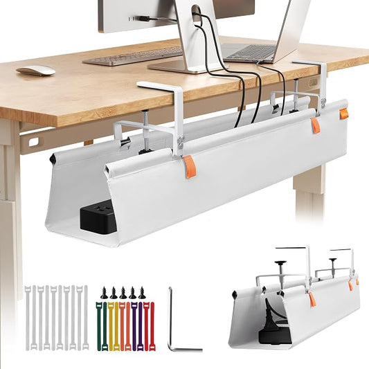 Under Desk Cable Management Tray No Drill,36Inch Cable Management,White | Clamp and Screw Mount Cable Management Tray, Extra Large Capacity Desk Cable Management, Fabric Wire Management for Office by SUREUP9