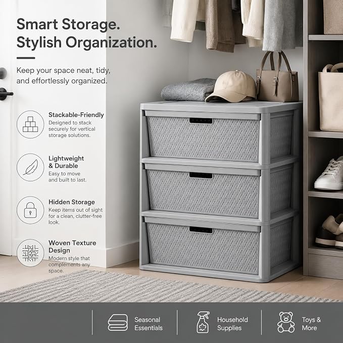 3-Drawer Storage Tower, Gray Woven Plastic Organizer with Pull Handles - Image 7